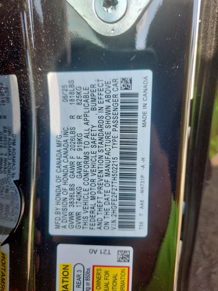 2026 Honda Civic Lx Black vin: 2HGFE2F27TH502215