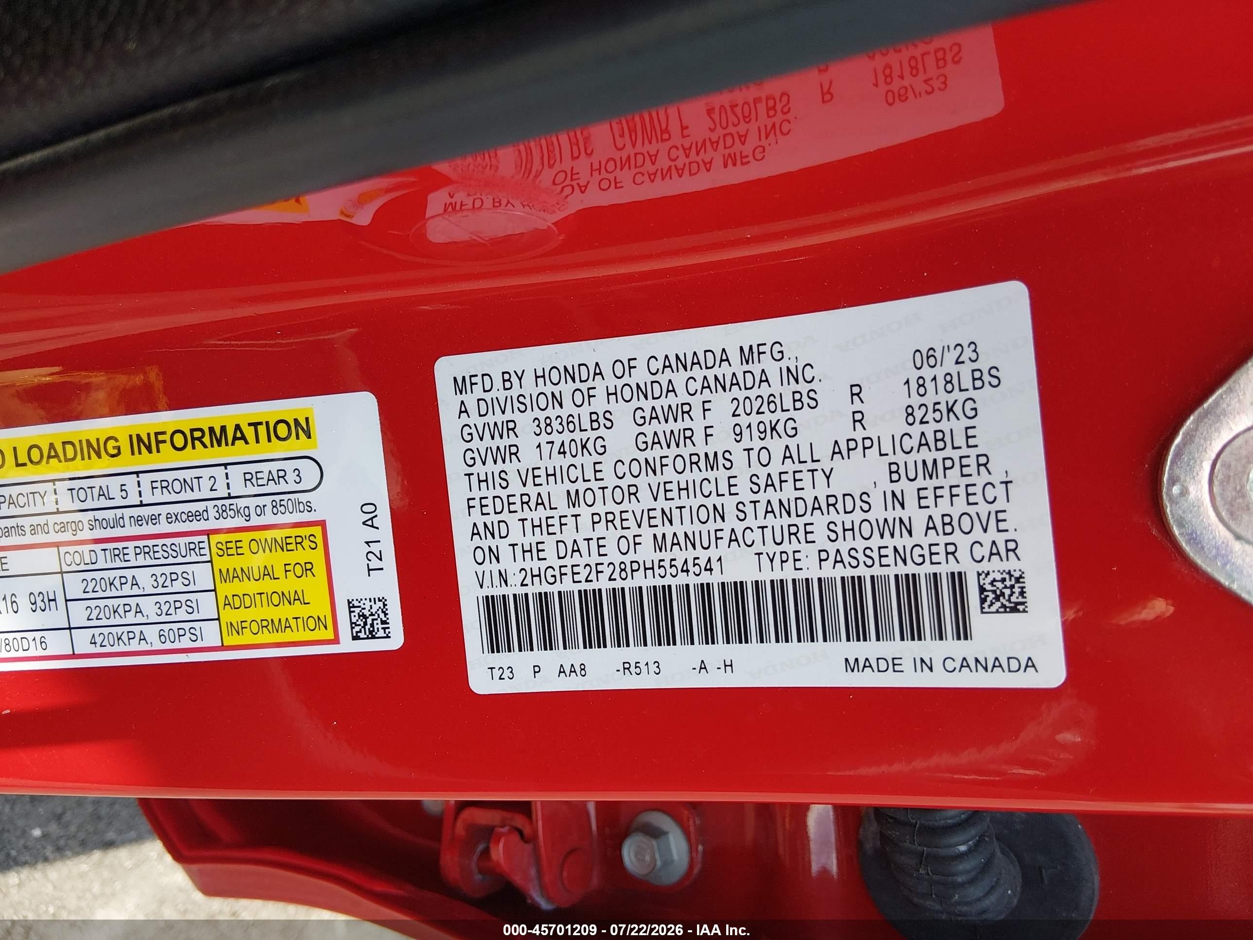 2023 Honda Civic Lx Red vin: 2HGFE2F28PH554541