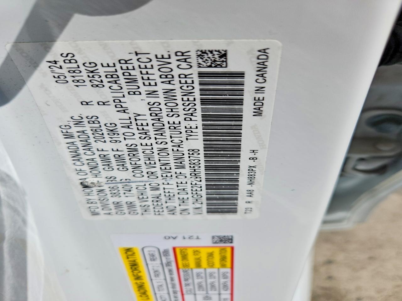 2024 Honda Civic Lx White vin: 2HGFE2F29RH583758