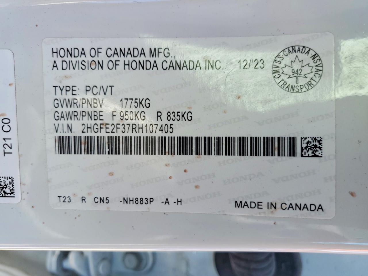 2024 Honda Civic Ex White vin: 2HGFE2F37RH107405