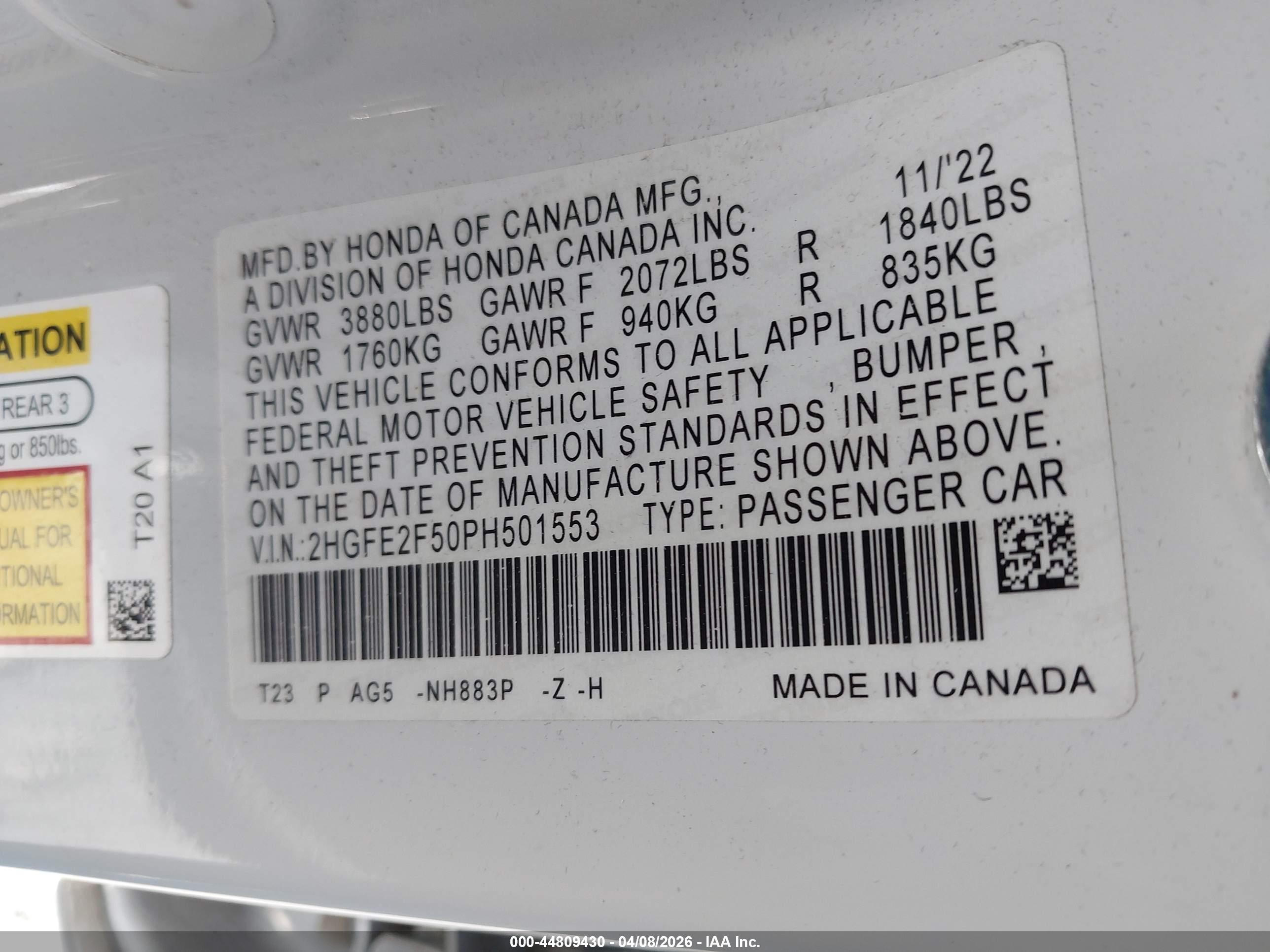 2023 Honda Civic Sport White vin: 2HGFE2F50PH501553