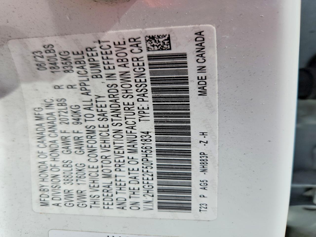 2023 Honda Civic Sport White vin: 2HGFE2F50PH561834