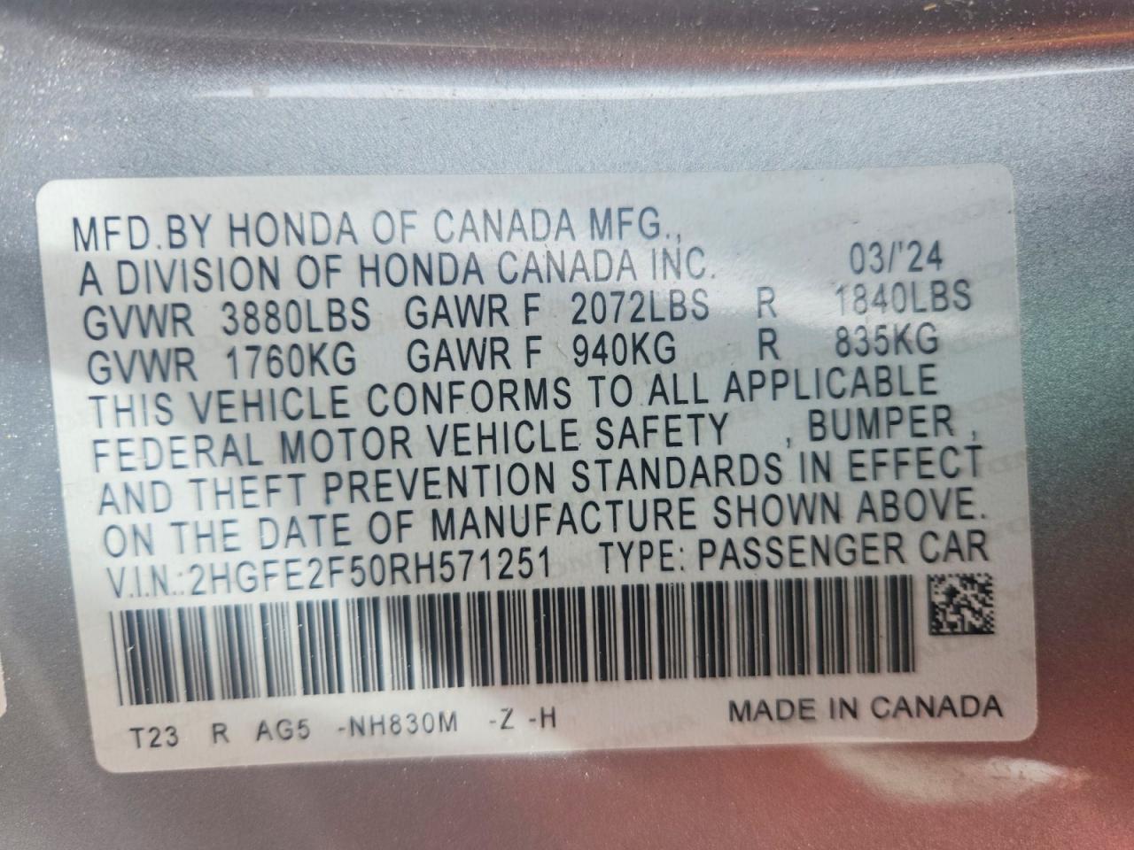 2024 Honda Civic Sport Silver vin: 2HGFE2F50RH571251