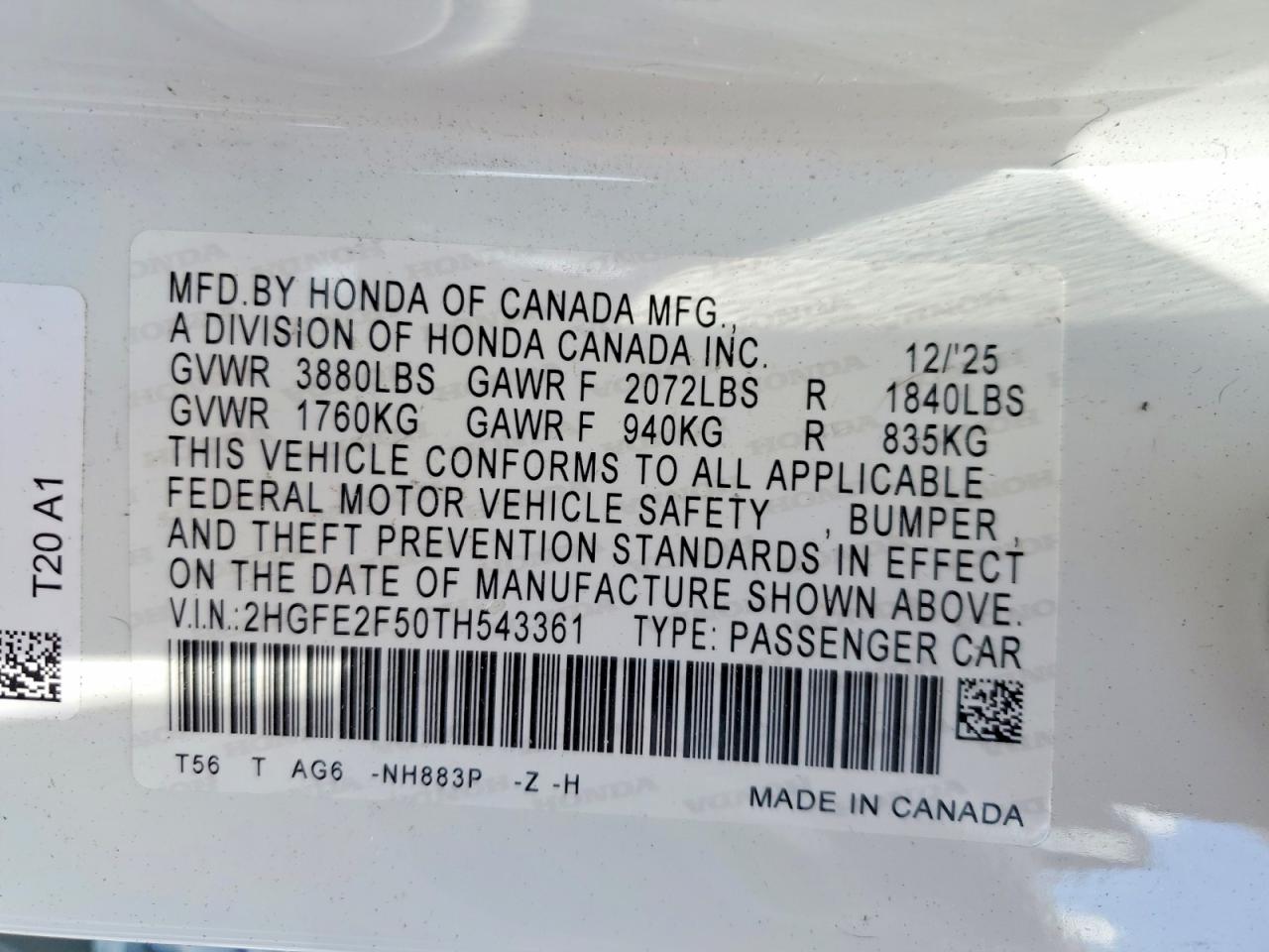 2026 Honda Civic Sport White vin: 2HGFE2F50TH543361