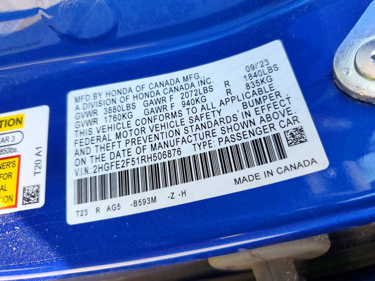 2024 Honda Civic Sport Blue vin: 2HGFE2F51RH506876