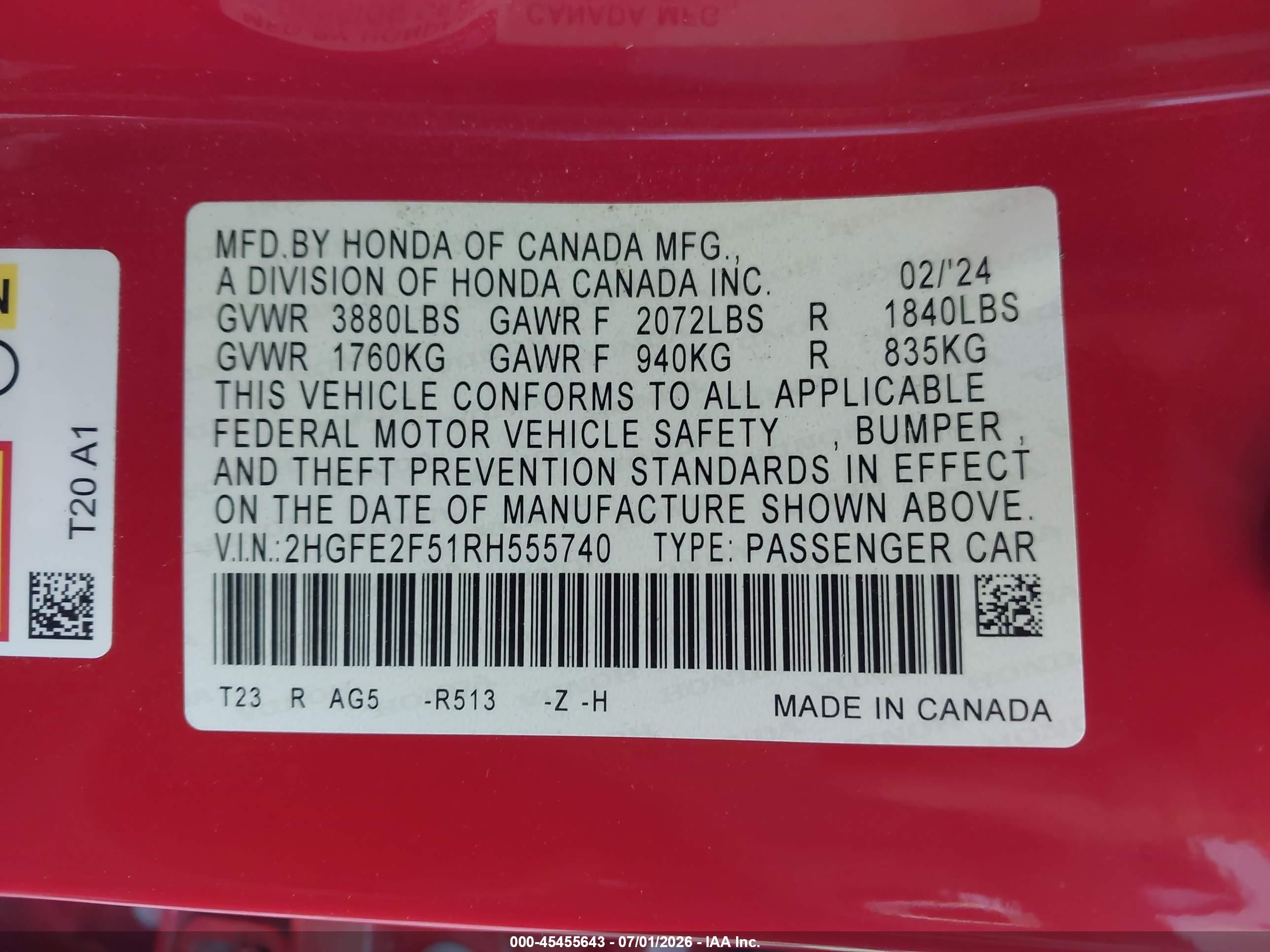 2024 Honda Civic Sport Red vin: 2HGFE2F51RH555740