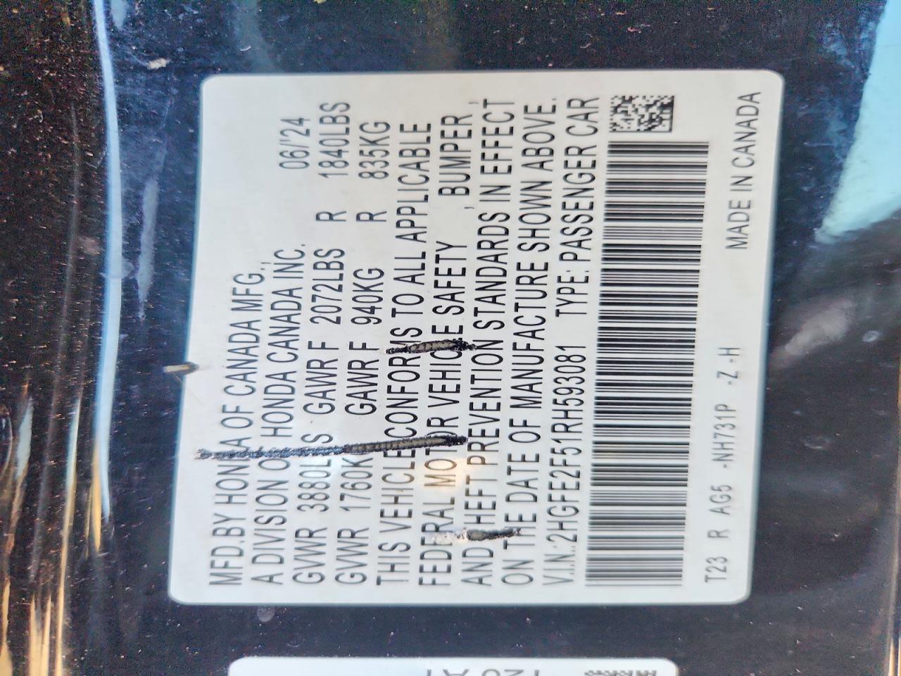 2024 Honda Civic Sport Black vin: 2HGFE2F51RH593081