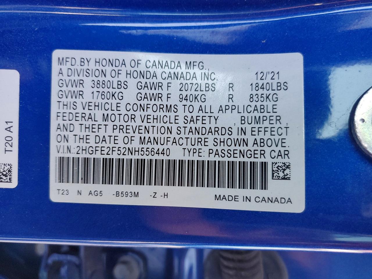 2022 Honda Civic Sport Blue vin: 2HGFE2F52NH556440