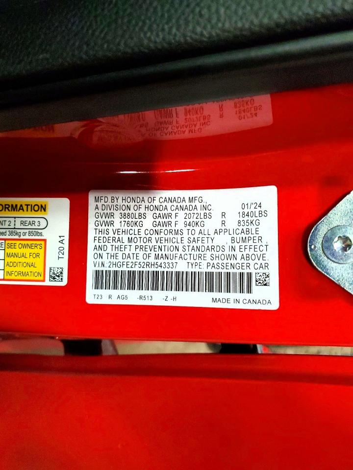 2024 Honda Civic Sport Красный vin: 2HGFE2F52RH543337