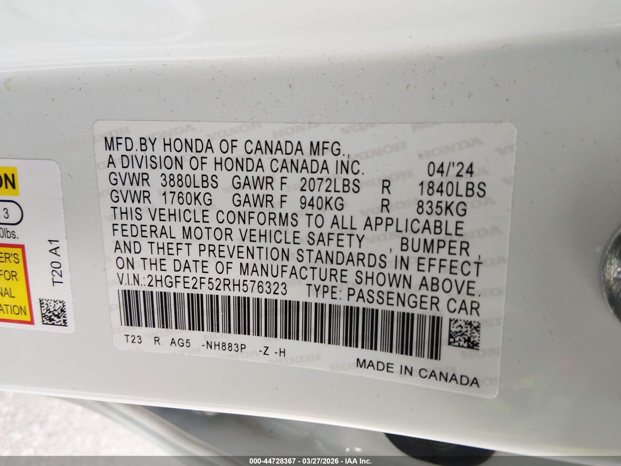 2024 Honda Civic Sport White vin: 2HGFE2F52RH576323