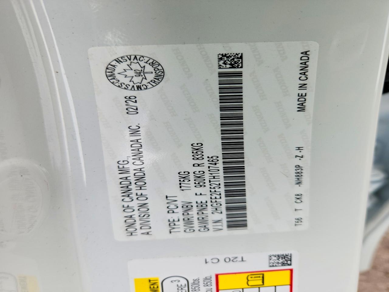 2026 Honda Civic Sport White vin: 2HGFE2F52TH107465