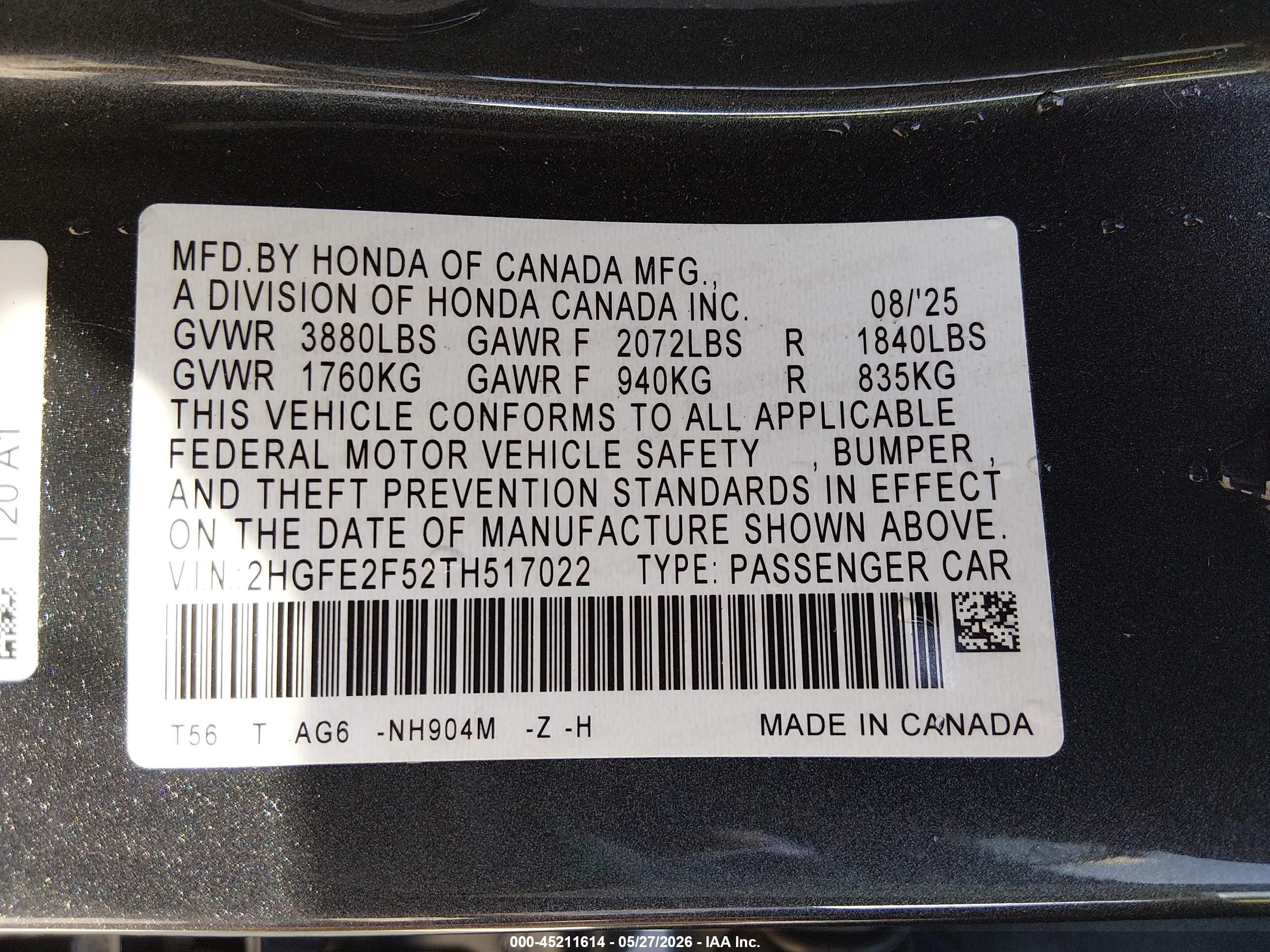 2026 Honda Civic Sport Gray vin: 2HGFE2F52TH517022