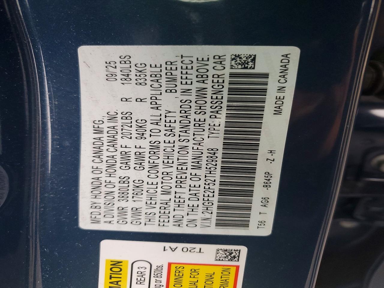 2026 Honda Civic Sport Blue vin: 2HGFE2F52TH529848