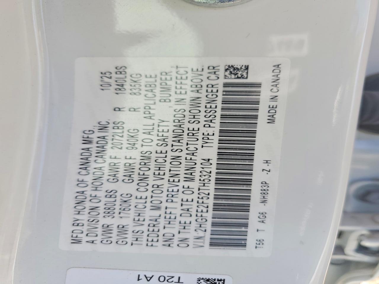 2026 Honda Civic Sport White vin: 2HGFE2F52TH532104