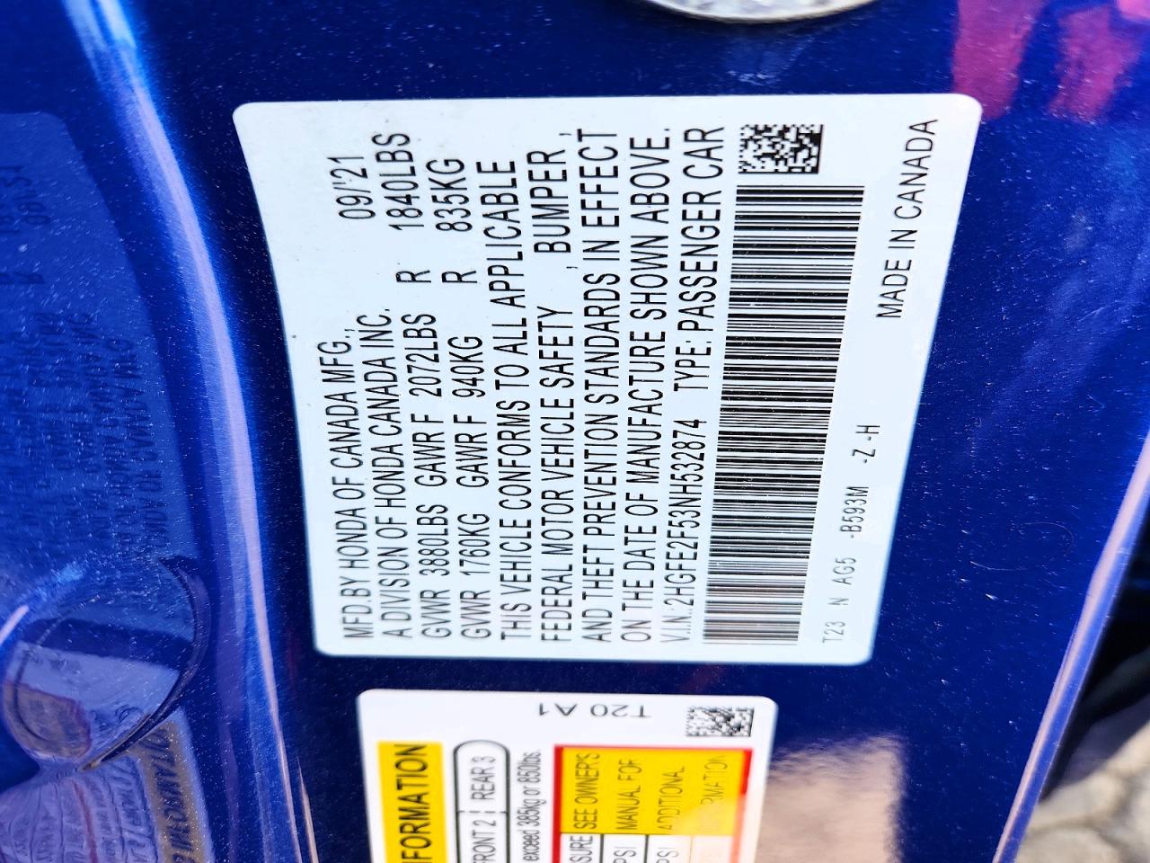 2022 Honda Civic Sport Blue vin: 2HGFE2F53NH532874