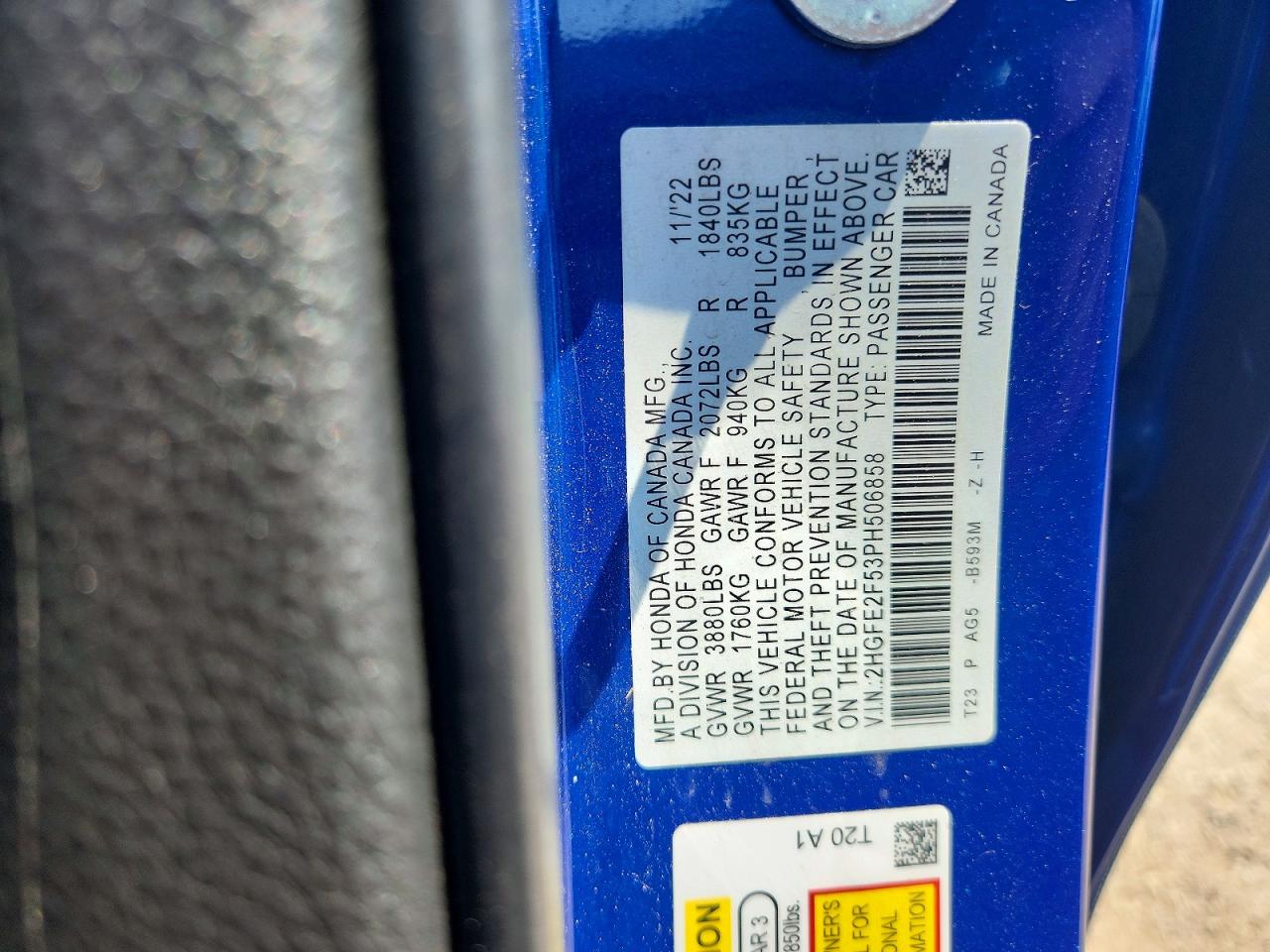 2023 Honda Civic Sport Blue vin: 2HGFE2F53PH506858