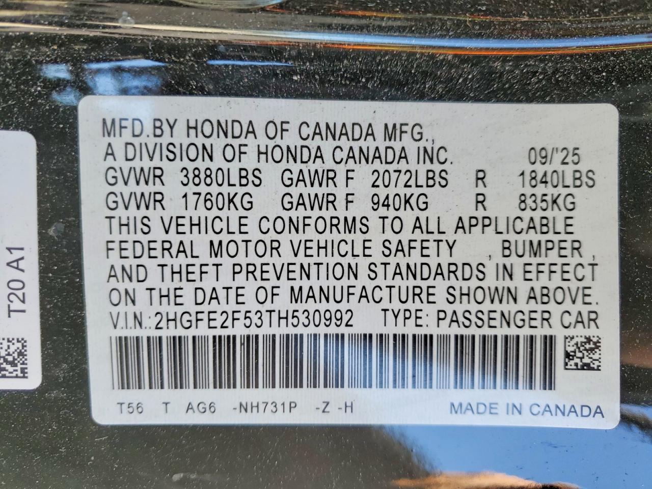 2026 Honda Civic Sport Black vin: 2HGFE2F53TH530992