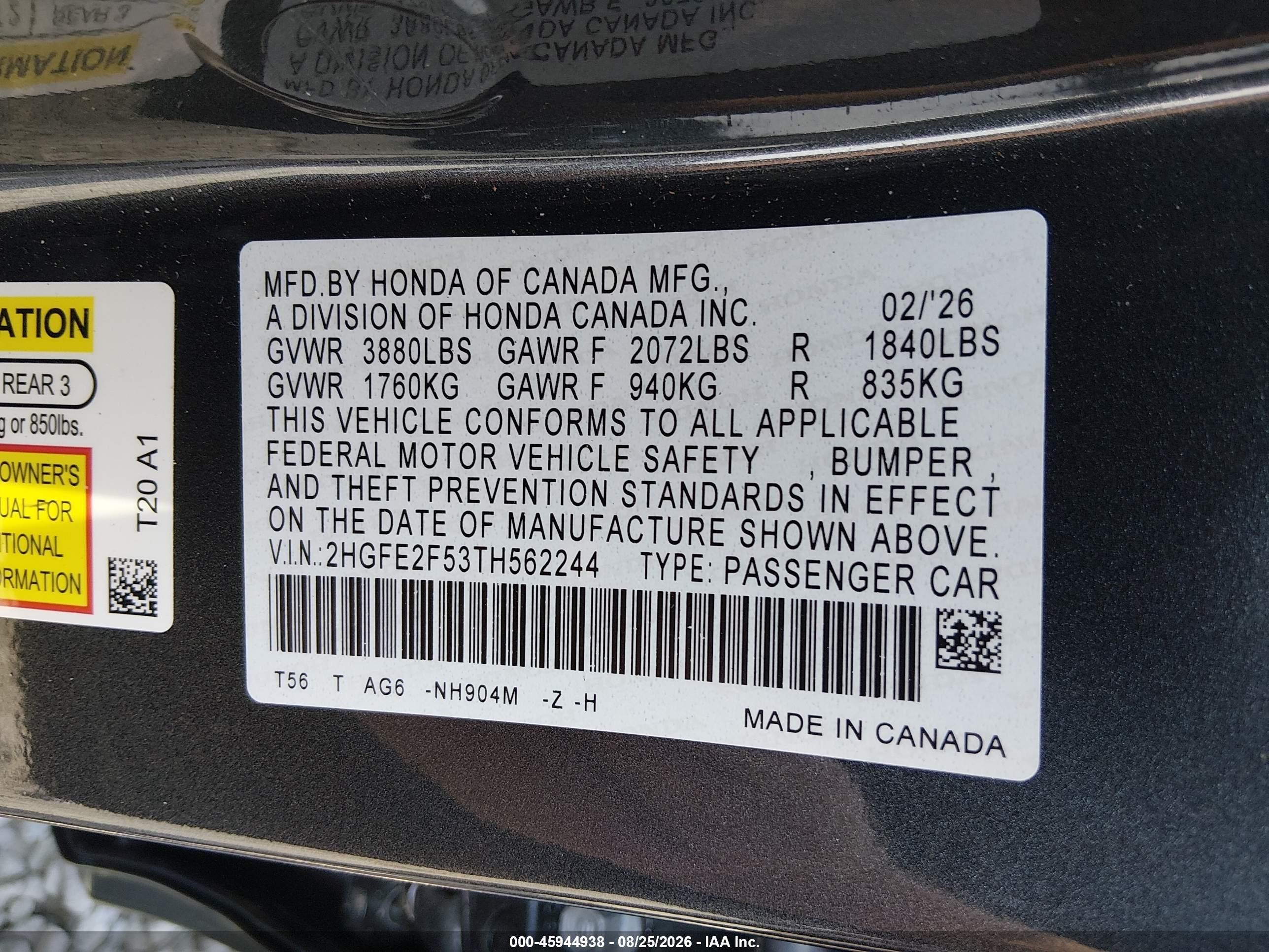 2026 Honda Civic Sport Black vin: 2HGFE2F53TH562244