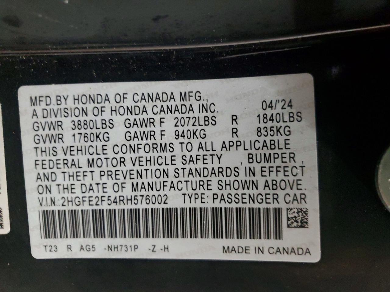 2024 Honda Civic Sport Black vin: 2HGFE2F54RH576002