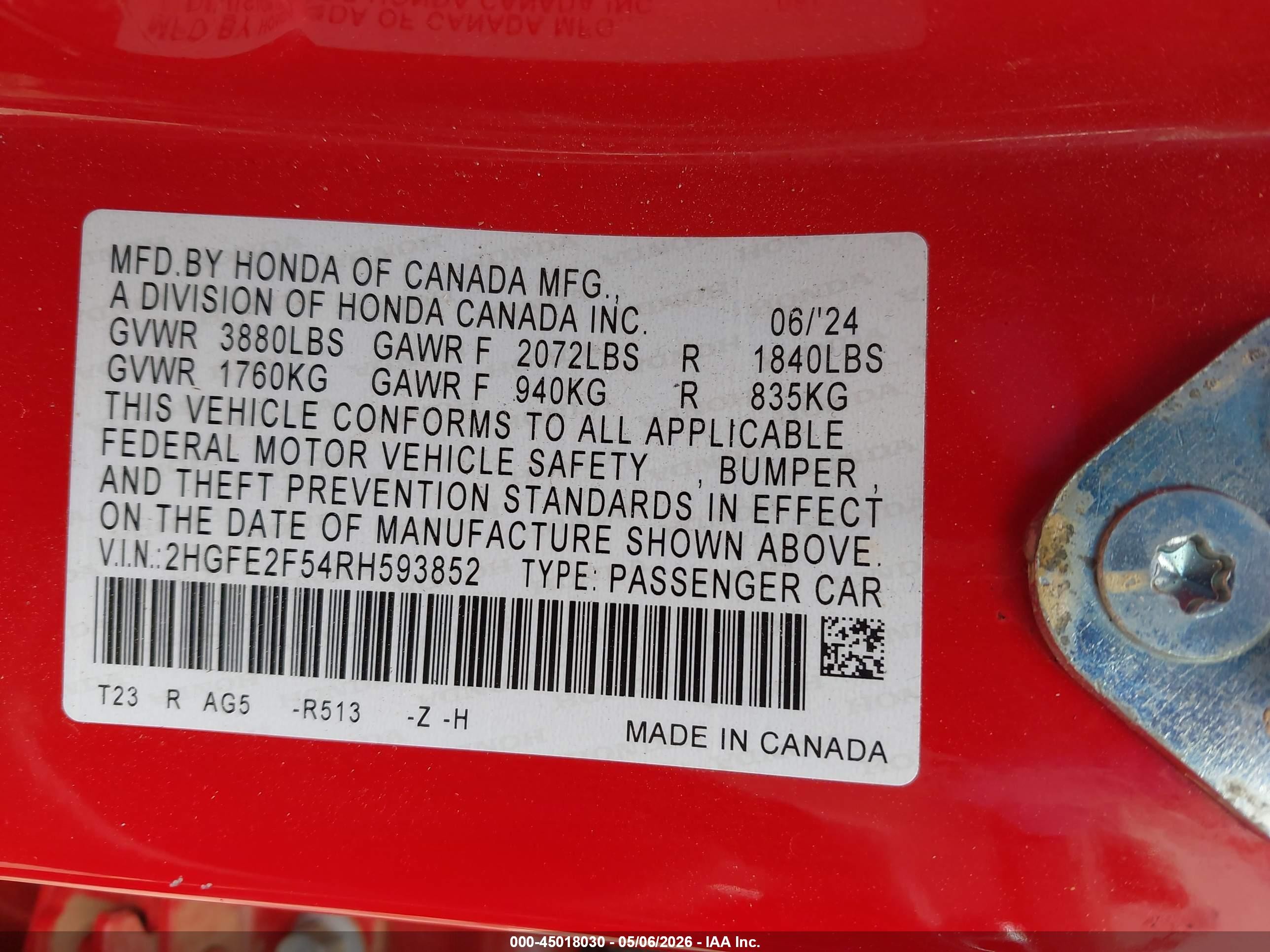 2024 Honda Civic Sport Red vin: 2HGFE2F54RH593852