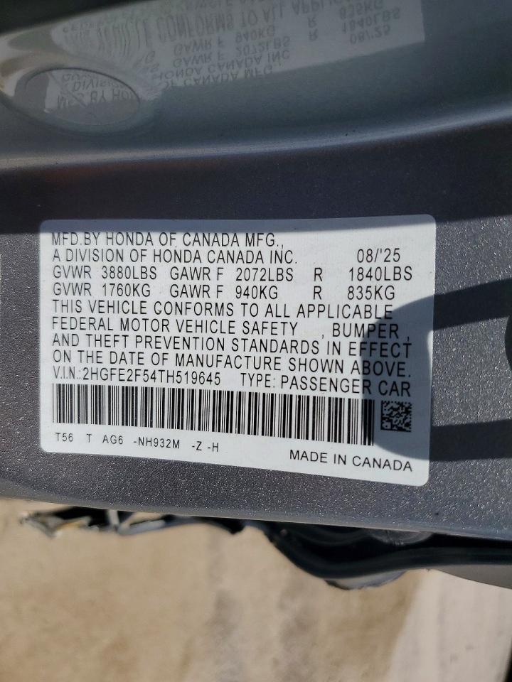 2026 Honda Civic Sport Silver vin: 2HGFE2F54TH519645