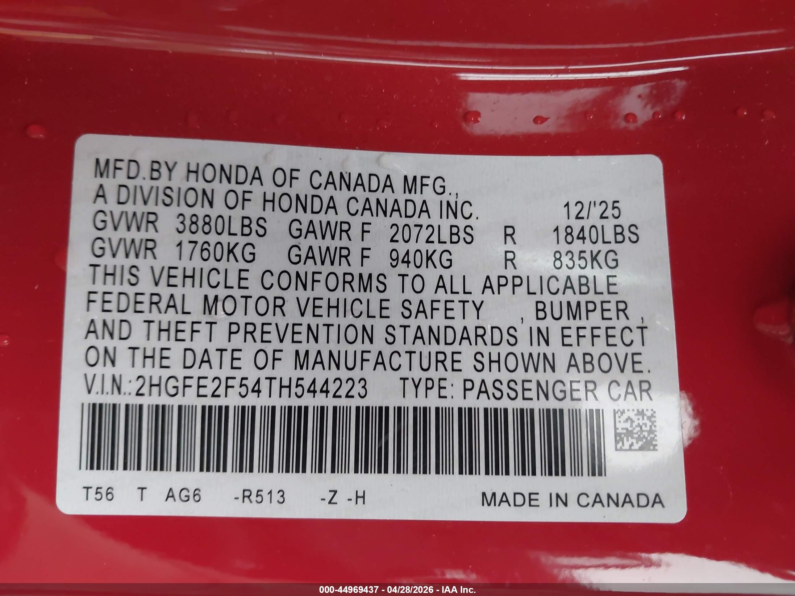 2026 Honda Civic Sport Red vin: 2HGFE2F54TH544223