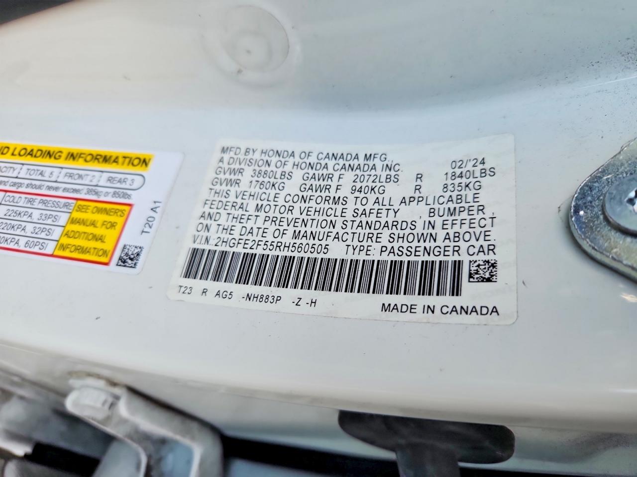 2024 Honda Civic Sport White vin: 2HGFE2F55RH560505