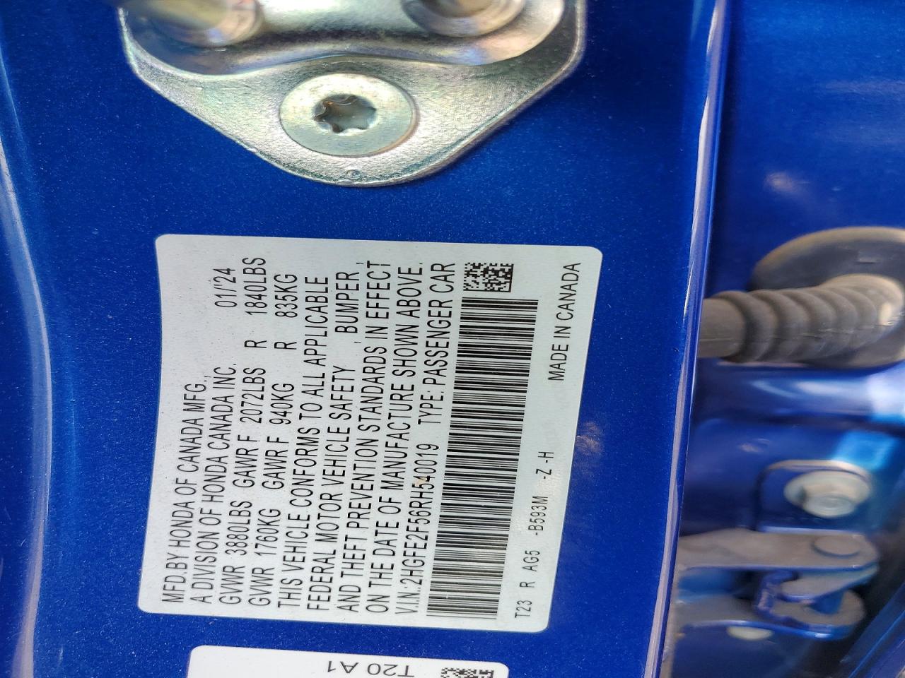 2024 Honda Civic Sport Blue vin: 2HGFE2F56RH540019