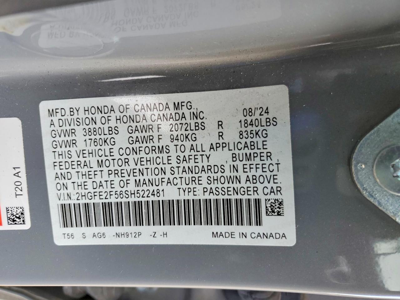 2025 Honda Civic Sport Gray vin: 2HGFE2F56SH522481
