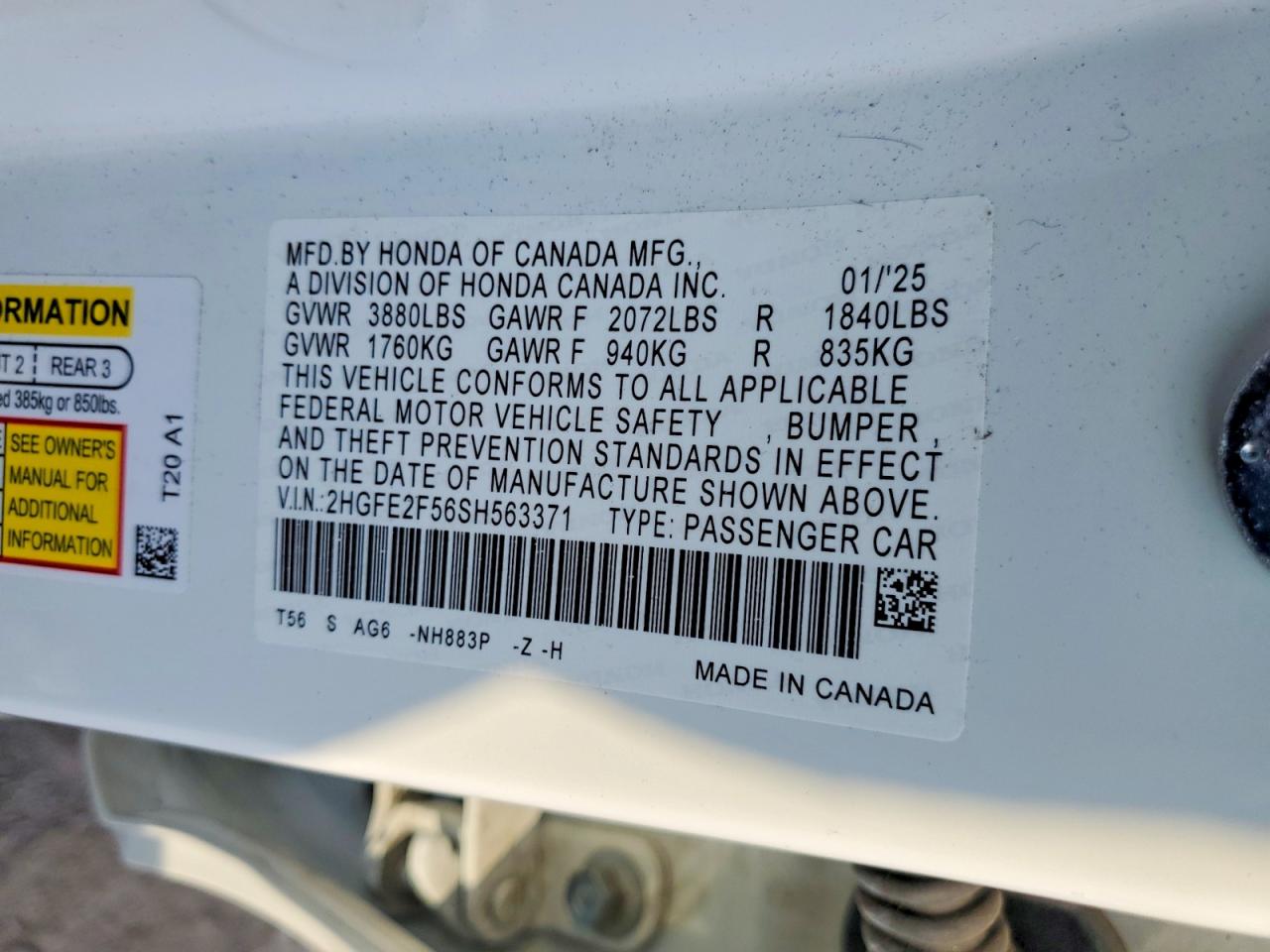 2025 Honda Civic Sport White vin: 2HGFE2F56SH563371