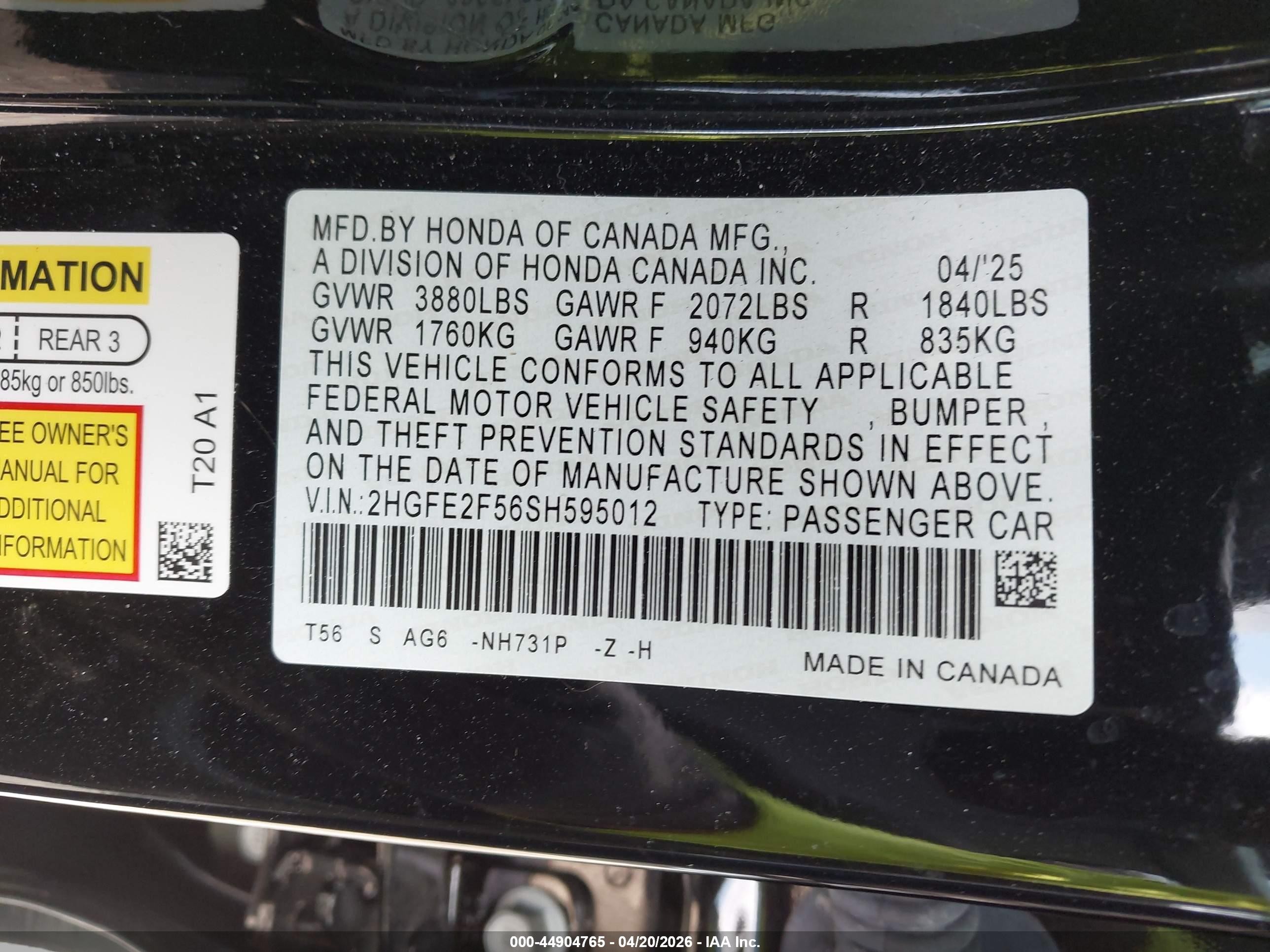 2025 Honda Civic Sport Black vin: 2HGFE2F56SH595012