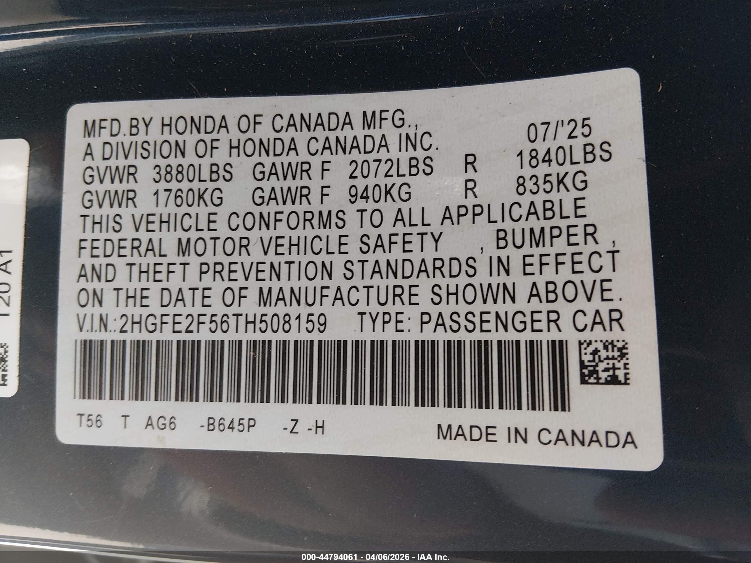 2026 Honda Civic Sport Dark Blue vin: 2HGFE2F56TH508159