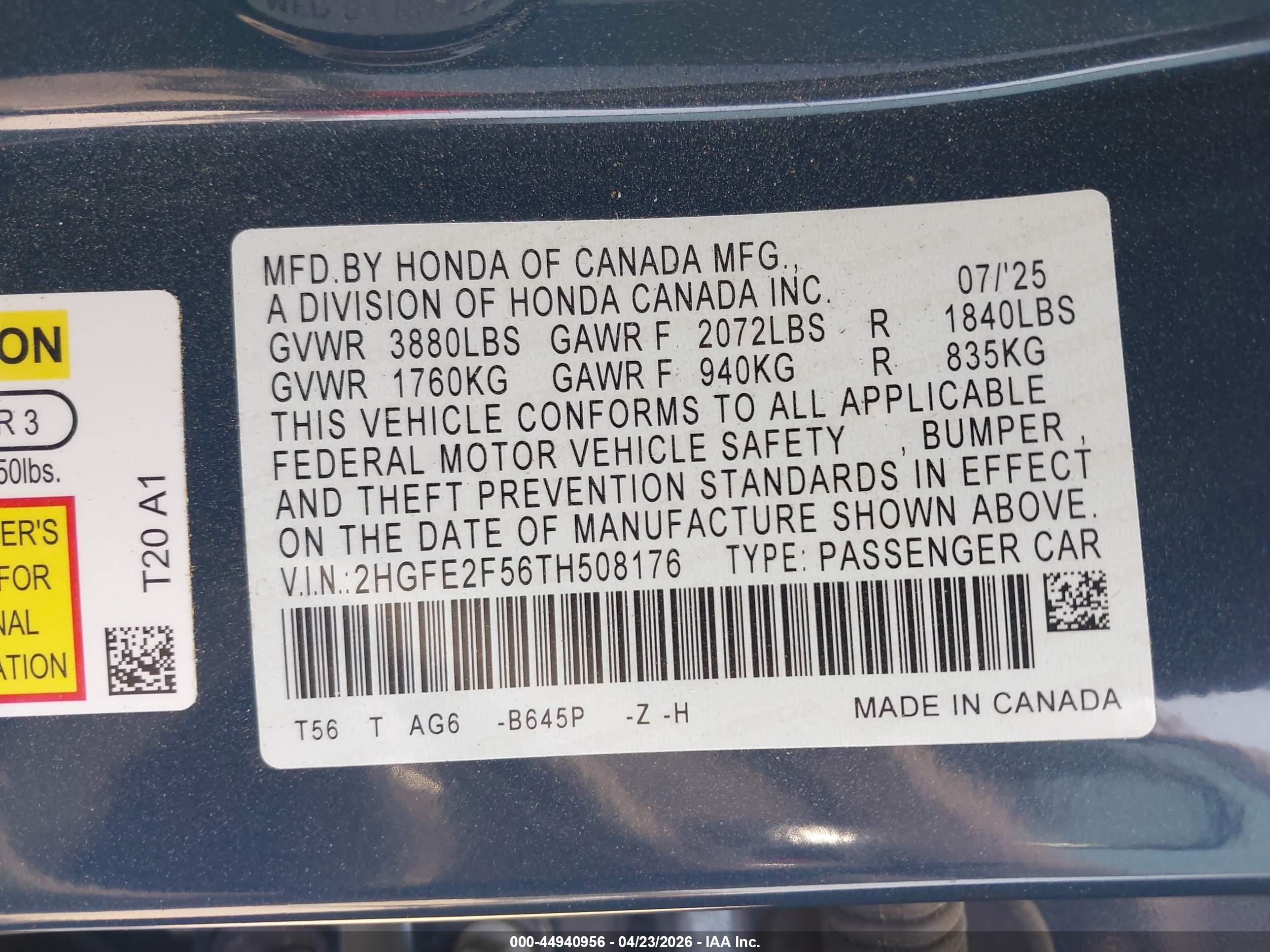 2026 Honda Civic Sport Blue vin: 2HGFE2F56TH508176