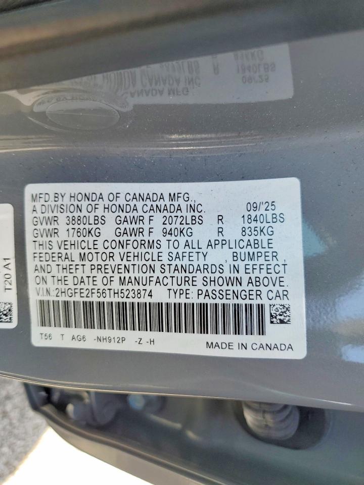2026 Honda Civic Sport Серый vin: 2HGFE2F56TH523874
