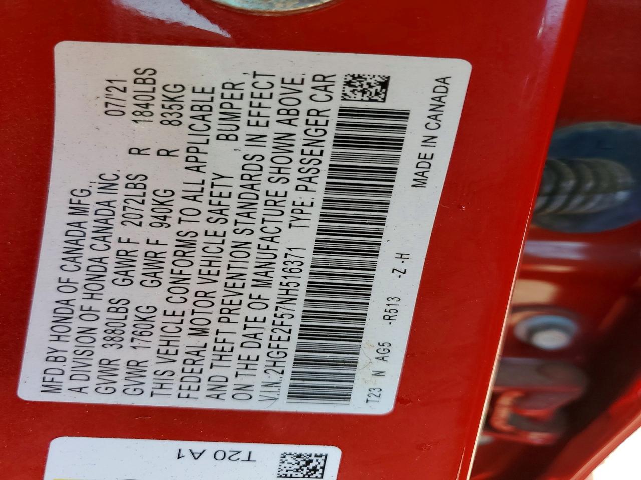 2022 Honda Civic Sport Red vin: 2HGFE2F57NH516371