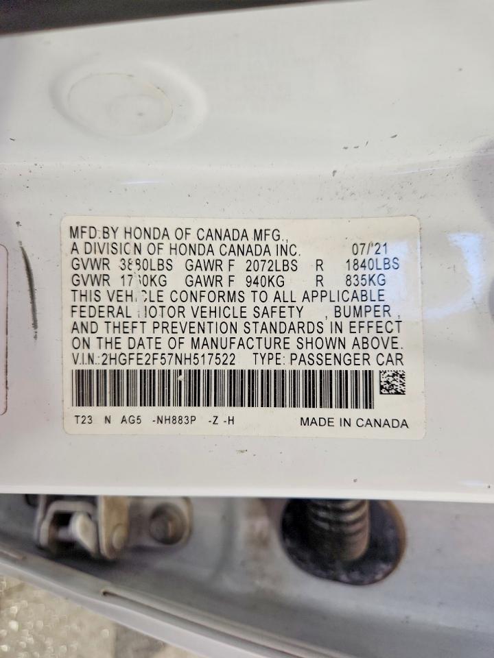 2022 Honda Civic Sport White vin: 2HGFE2F57NH517522