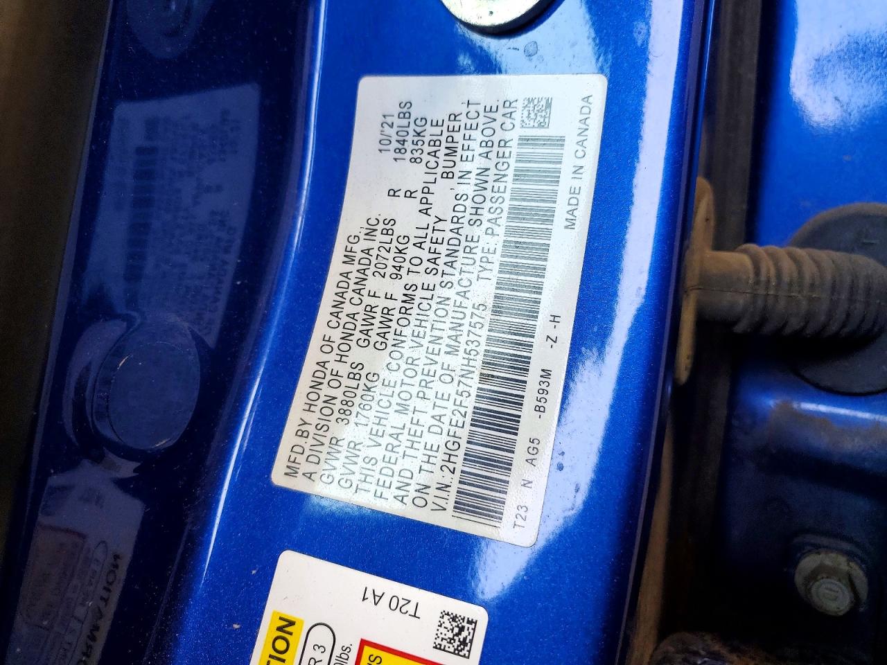 2022 Honda Civic Sport Blue vin: 2HGFE2F57NH537575