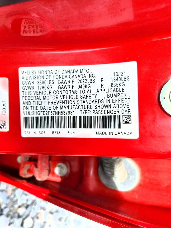 2022 Honda Civic Sport Red vin: 2HGFE2F57NH537981