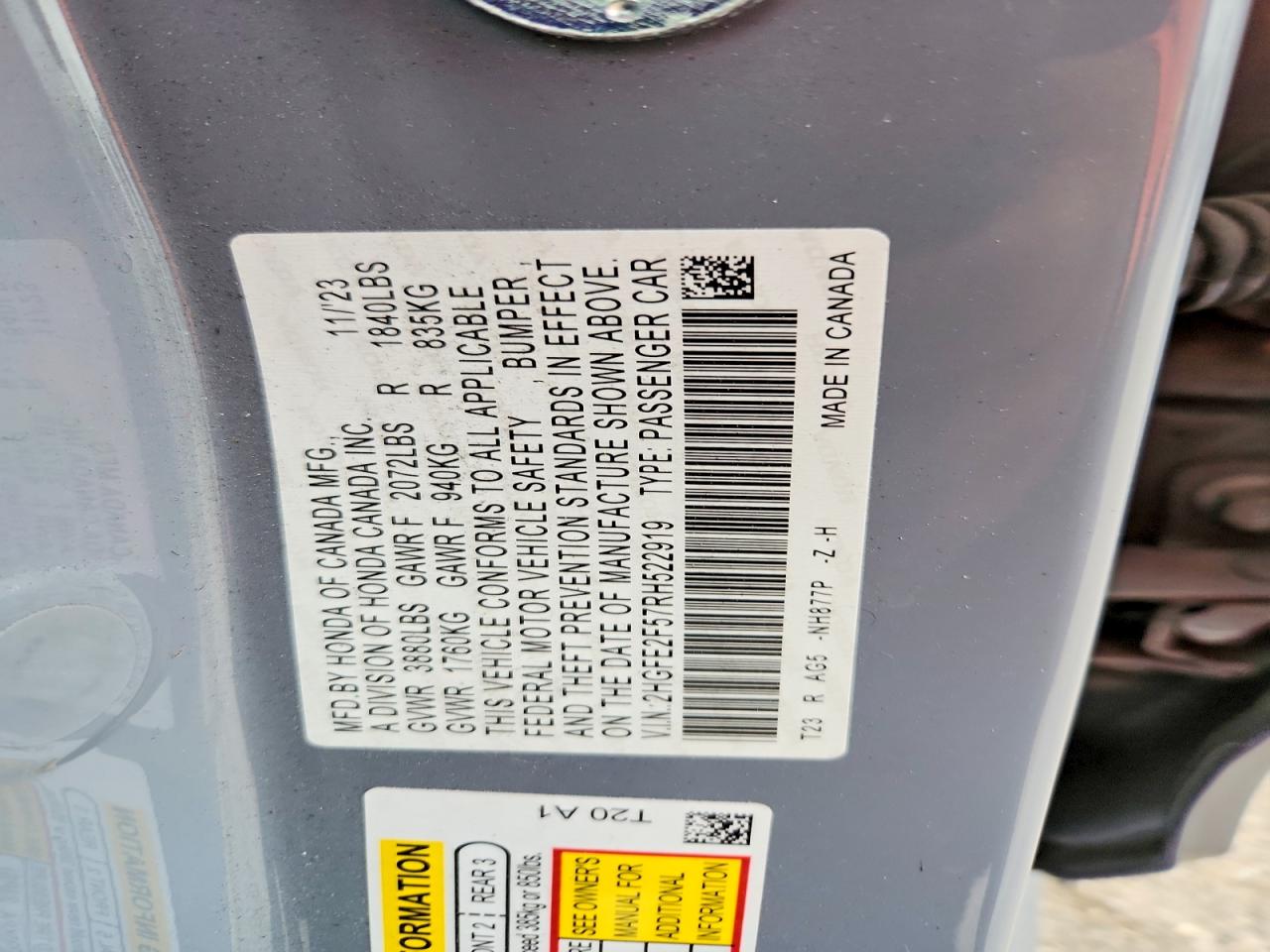 2024 Honda Civic Sport Gray vin: 2HGFE2F57RH522919