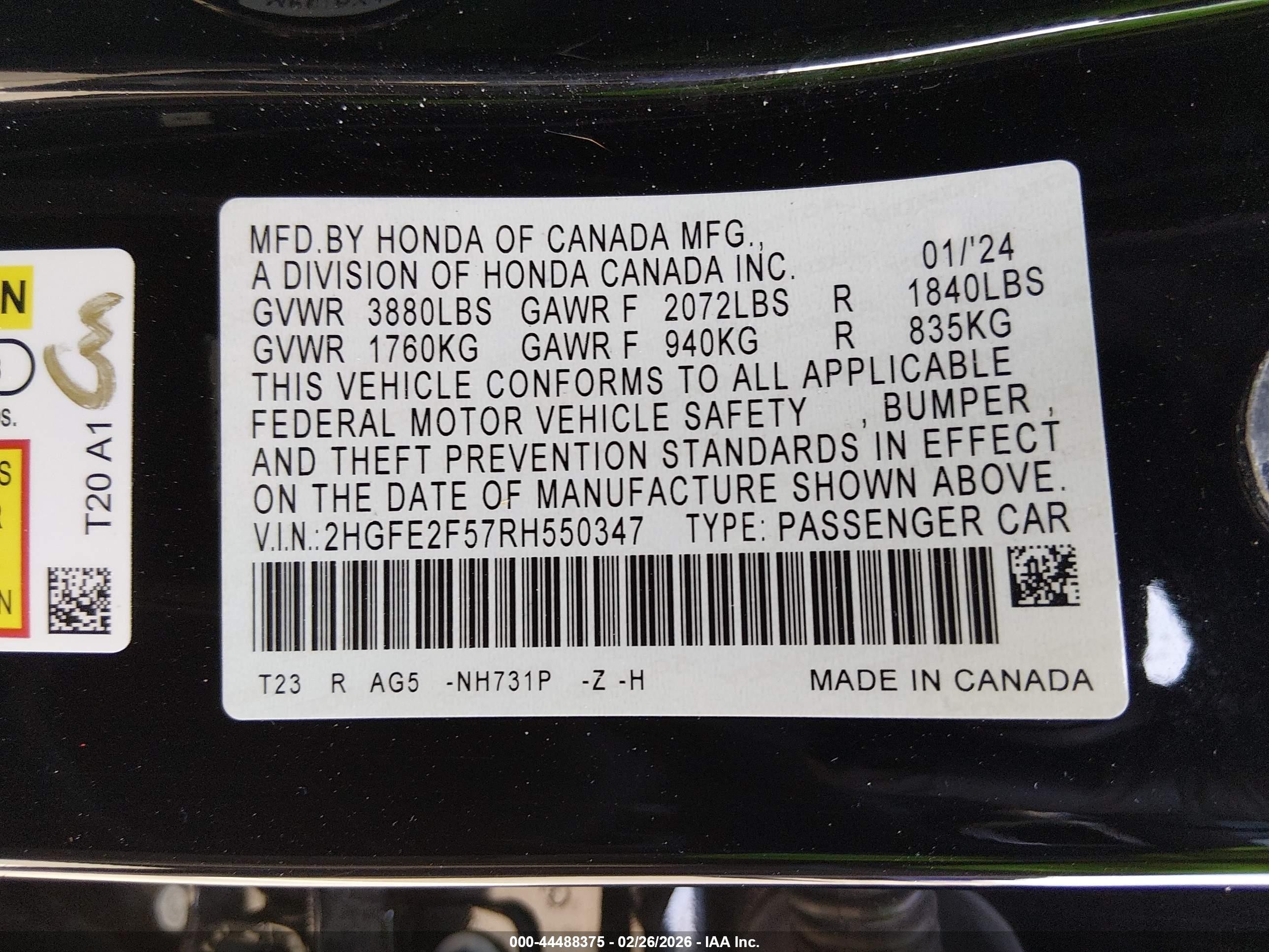 2024 Honda Civic Sport Black vin: 2HGFE2F57RH550347