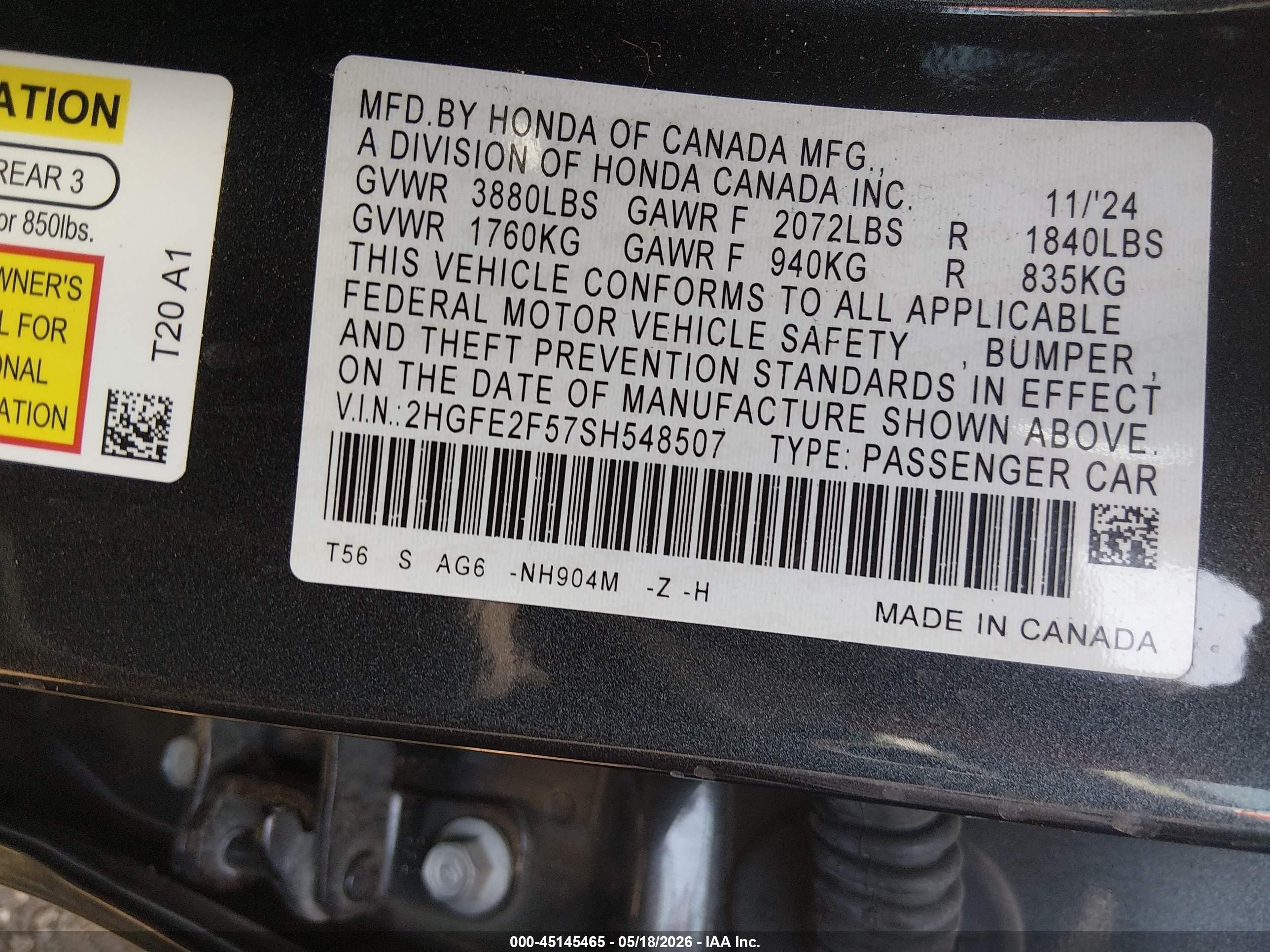 2025 Honda Civic Sport Black vin: 2HGFE2F57SH548507