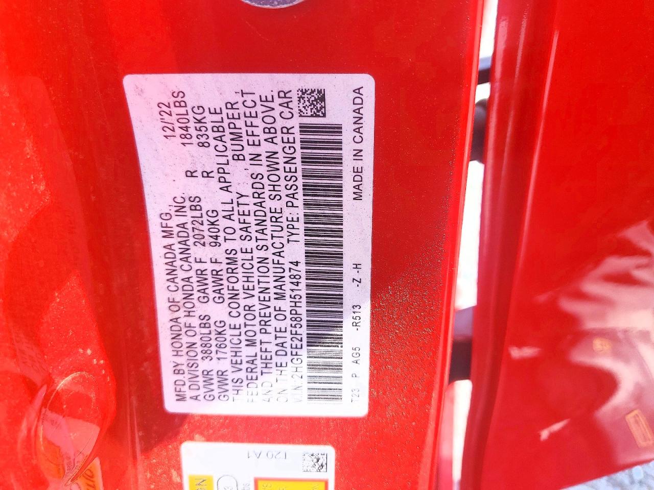 2023 Honda Civic Sport Red vin: 2HGFE2F58PH514874