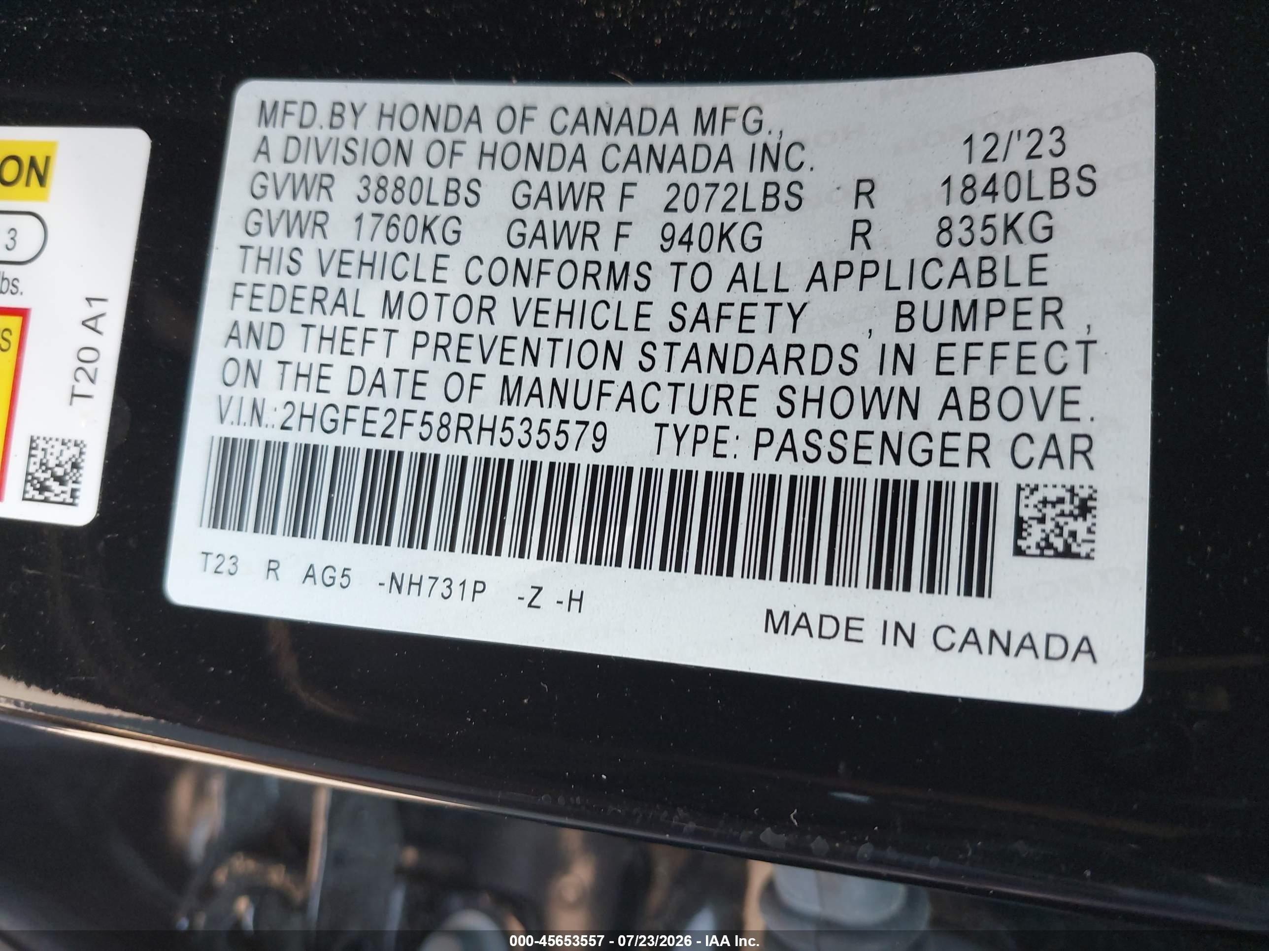 2024 Honda Civic Sport Black vin: 2HGFE2F58RH535579