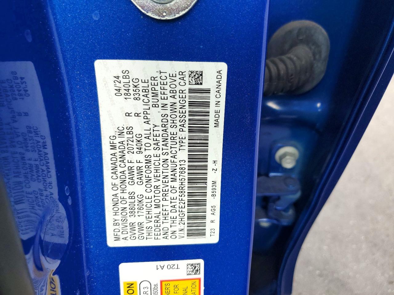 2024 Honda Civic Sport Blue vin: 2HGFE2F58RH576813
