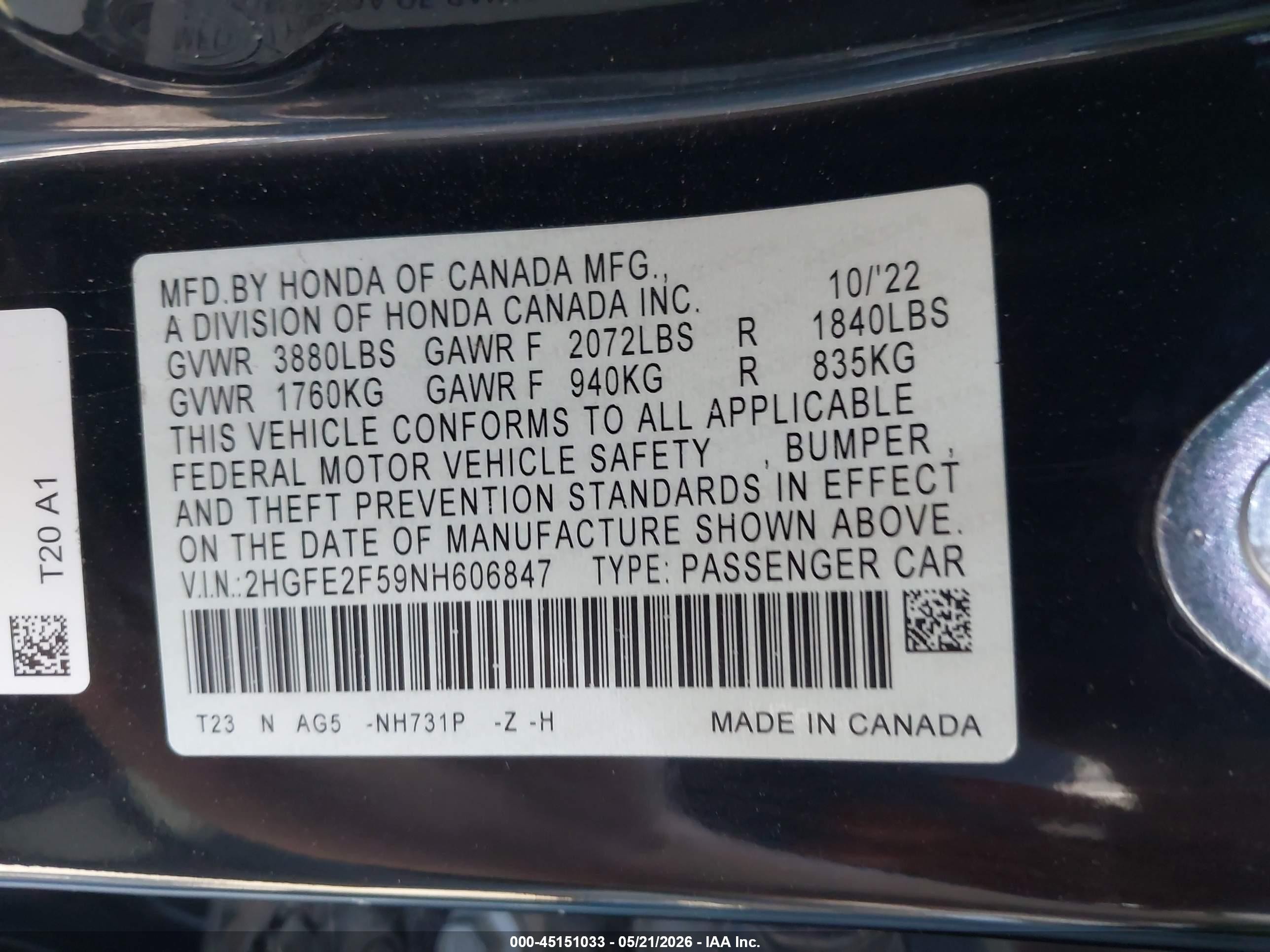 2022 Honda Civic Sport Черный vin: 2HGFE2F59NH606847