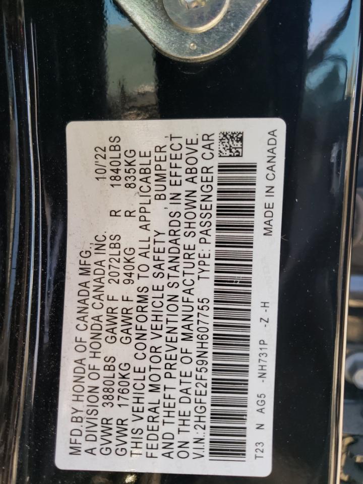 2022 Honda Civic Sport Black vin: 2HGFE2F59NH607755