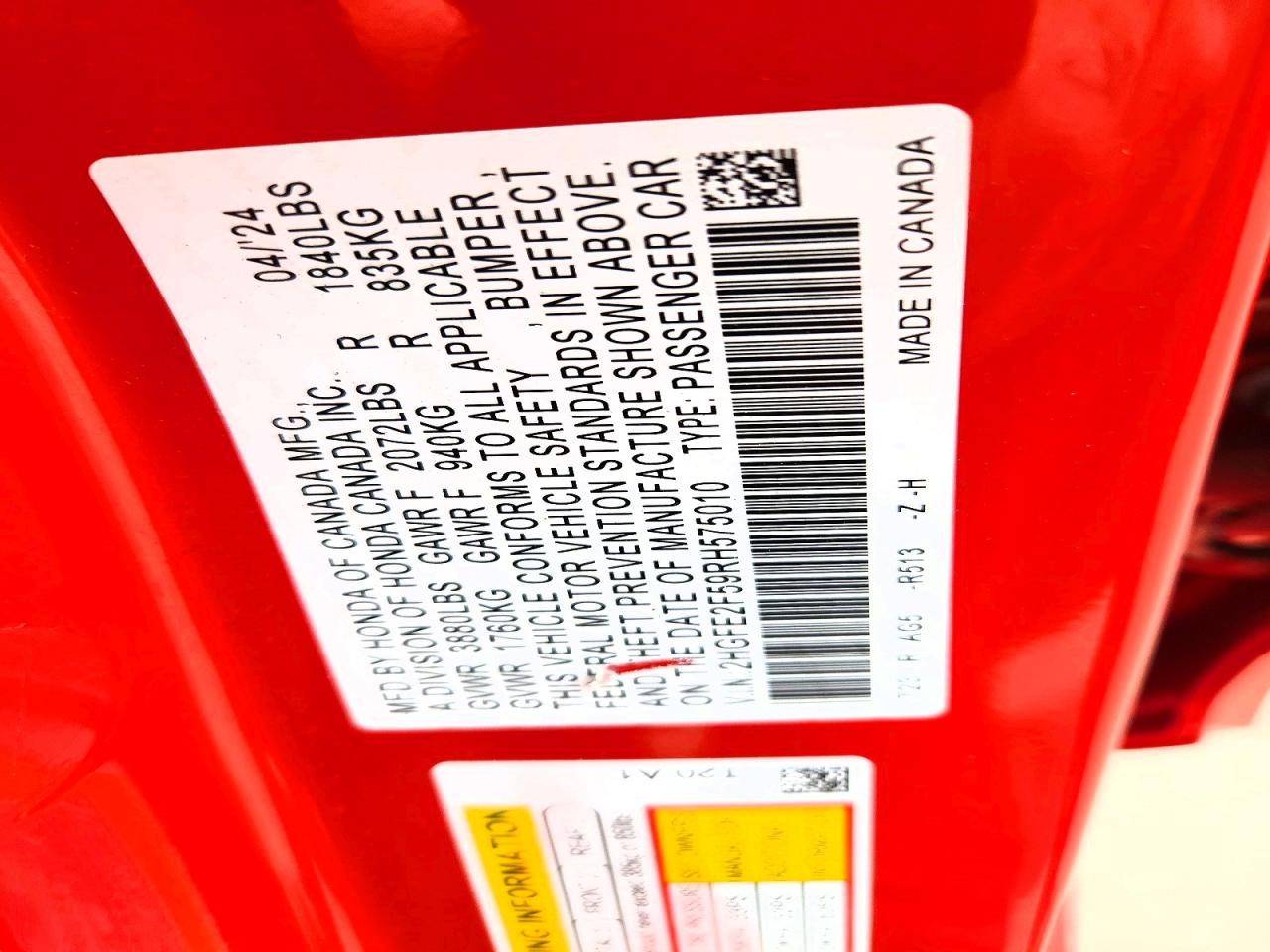 2024 Honda Civic Sport Red vin: 2HGFE2F59RH575010