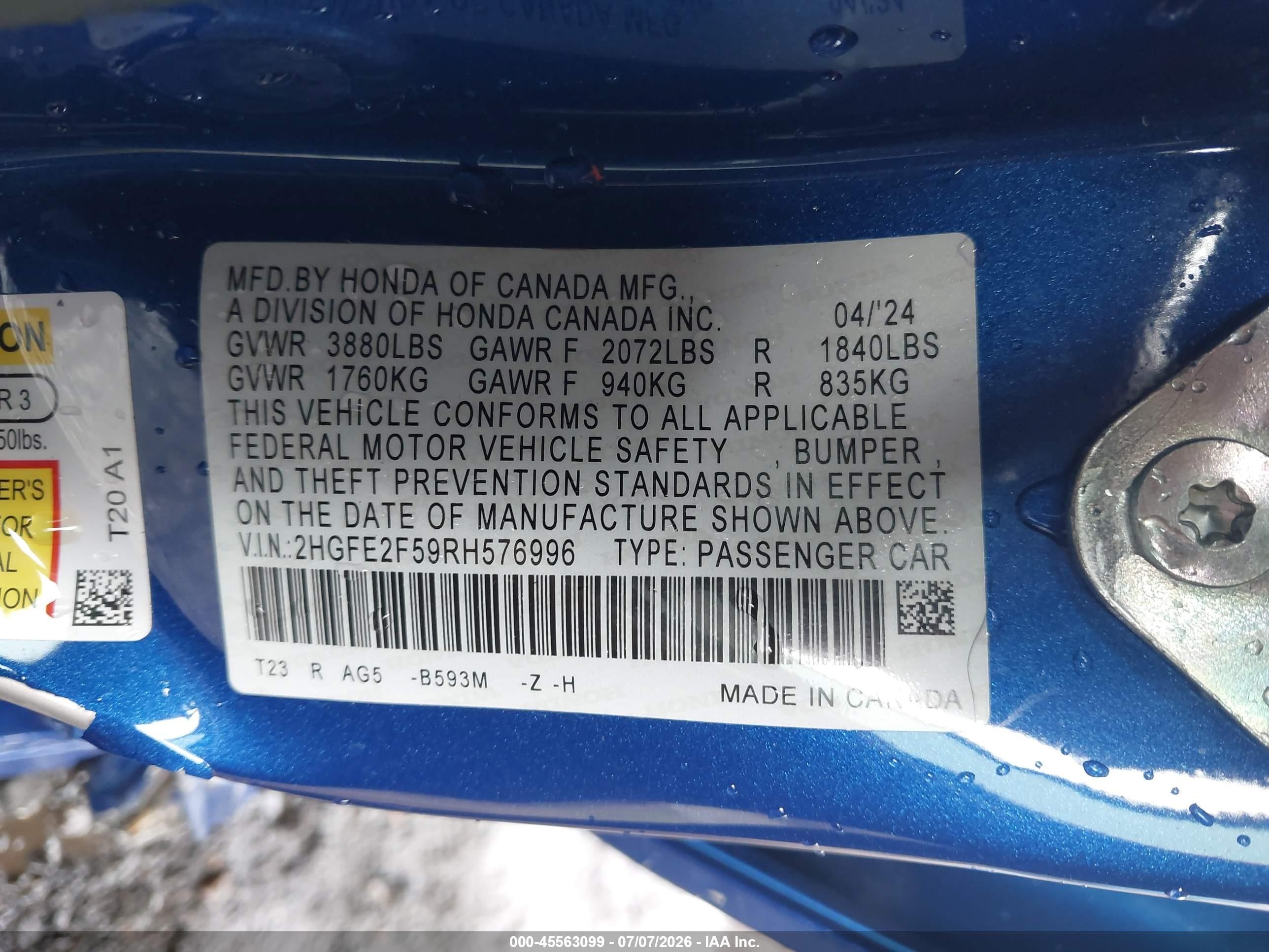 2024 Honda Civic Sport Dark Blue vin: 2HGFE2F59RH576996
