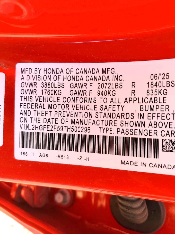 2026 Honda Civic Sport Red vin: 2HGFE2F59TH500296