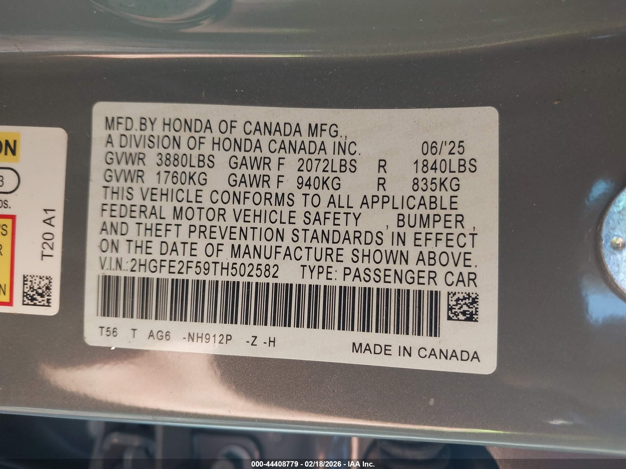 2026 Honda Civic Sport Gray vin: 2HGFE2F59TH502582